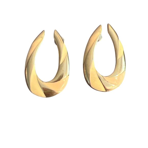Vintage Gold Tone Cream Enamel Earrings Twisted Teardrop 1.5" 13.79g Hoop Estate - Picture 1 of 5